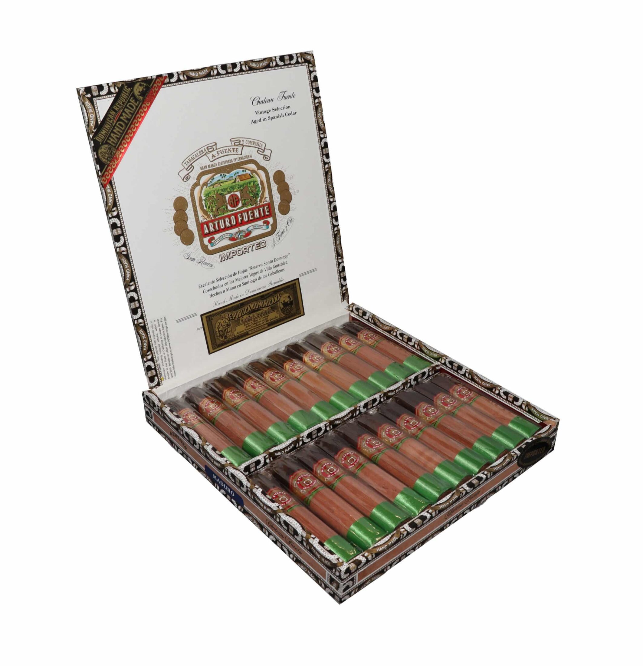 Open box of 20 count Arturo Fuente Chateau Fuente Maduro cigars
