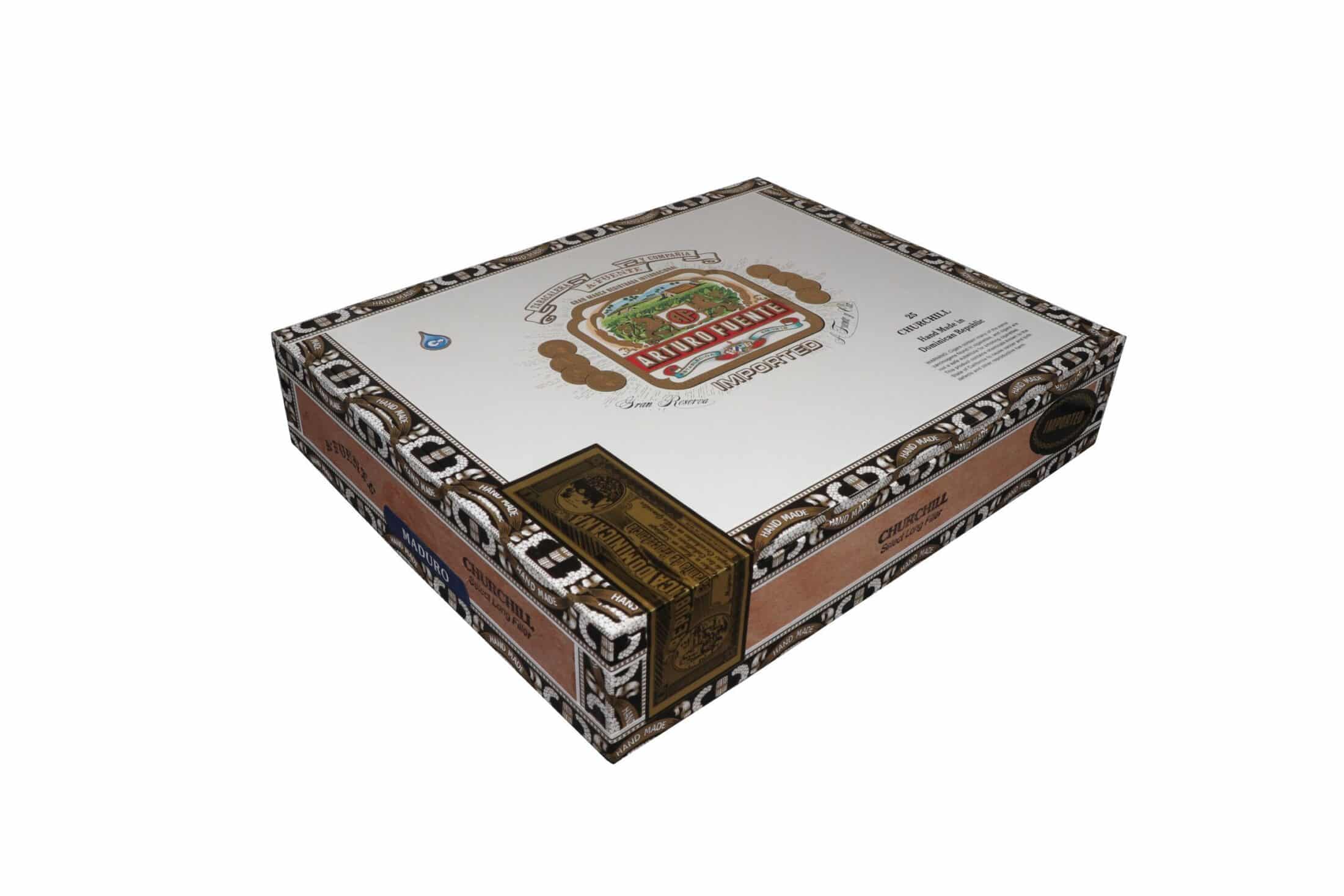 box of 25 count Arturo Fuente Gran Reserva Churchill Maduro cigars