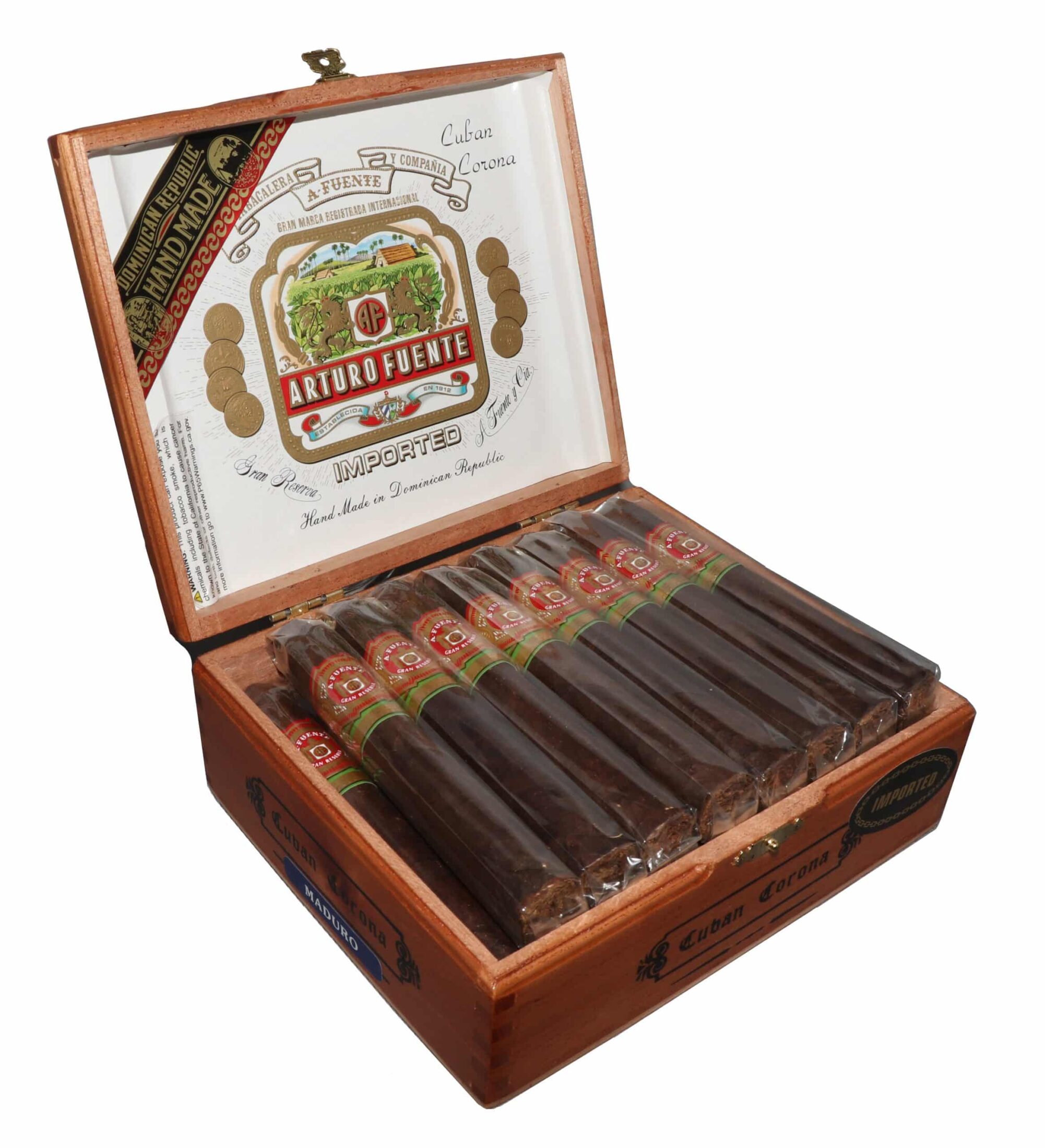 Open box of 25 count Arturo Fuente Gran Reserva Cuban Corona Maduro cigars