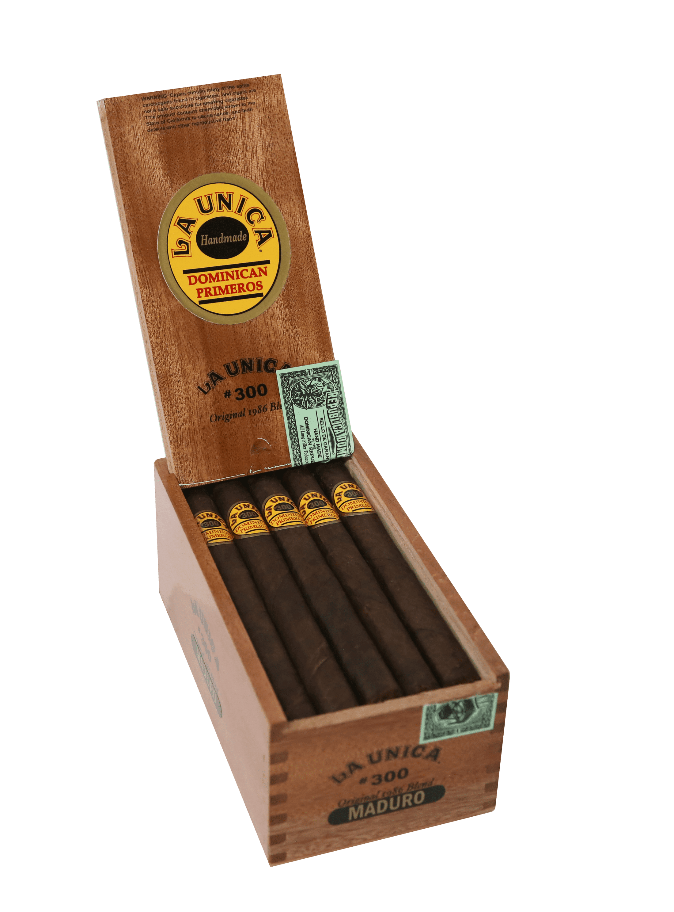 Open box of 20 count La Unica No. 300 Maduro cigars