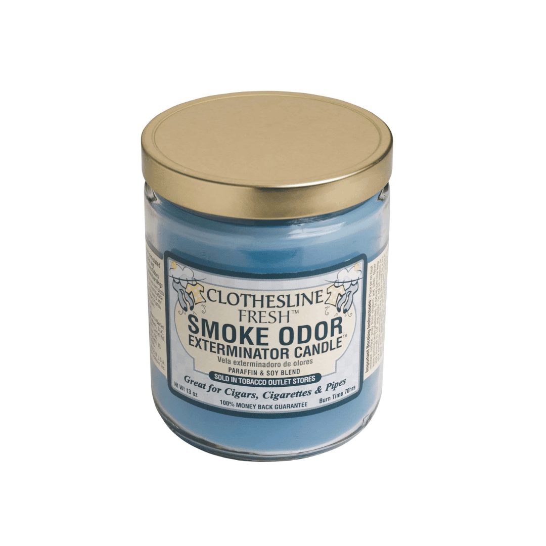 cigarette smoke odor eliminator candles Exterminator Clothesline Fresh Candle Soy Wax and glass Smoke Odor Exterminator Candles are enzyme formulated to attack and remove smoke odors Gardenia Delight Odor Exterminator Candle