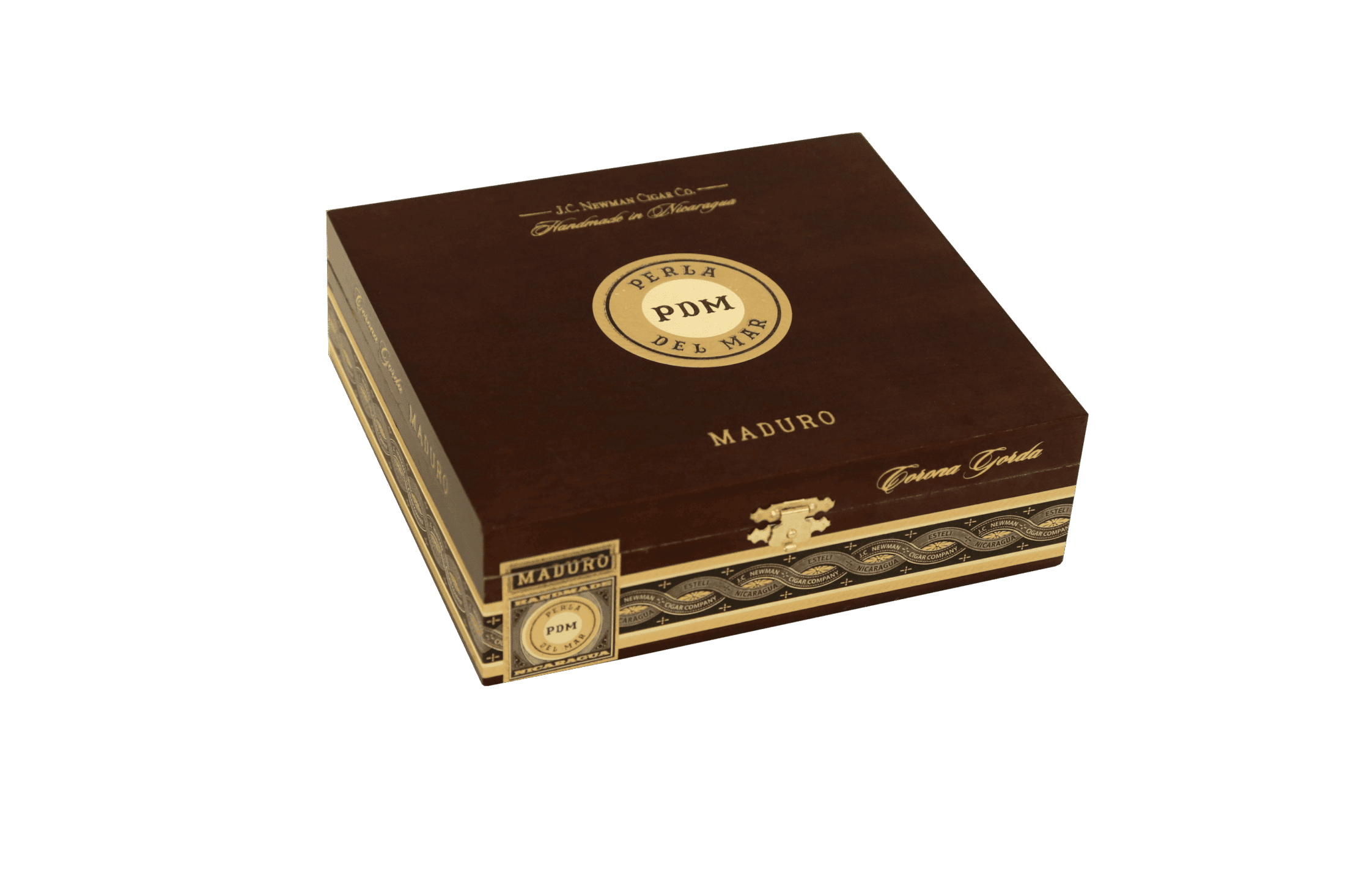 Closed box of 25 count Perla Del Mar Maduro Corona Gorda cigars