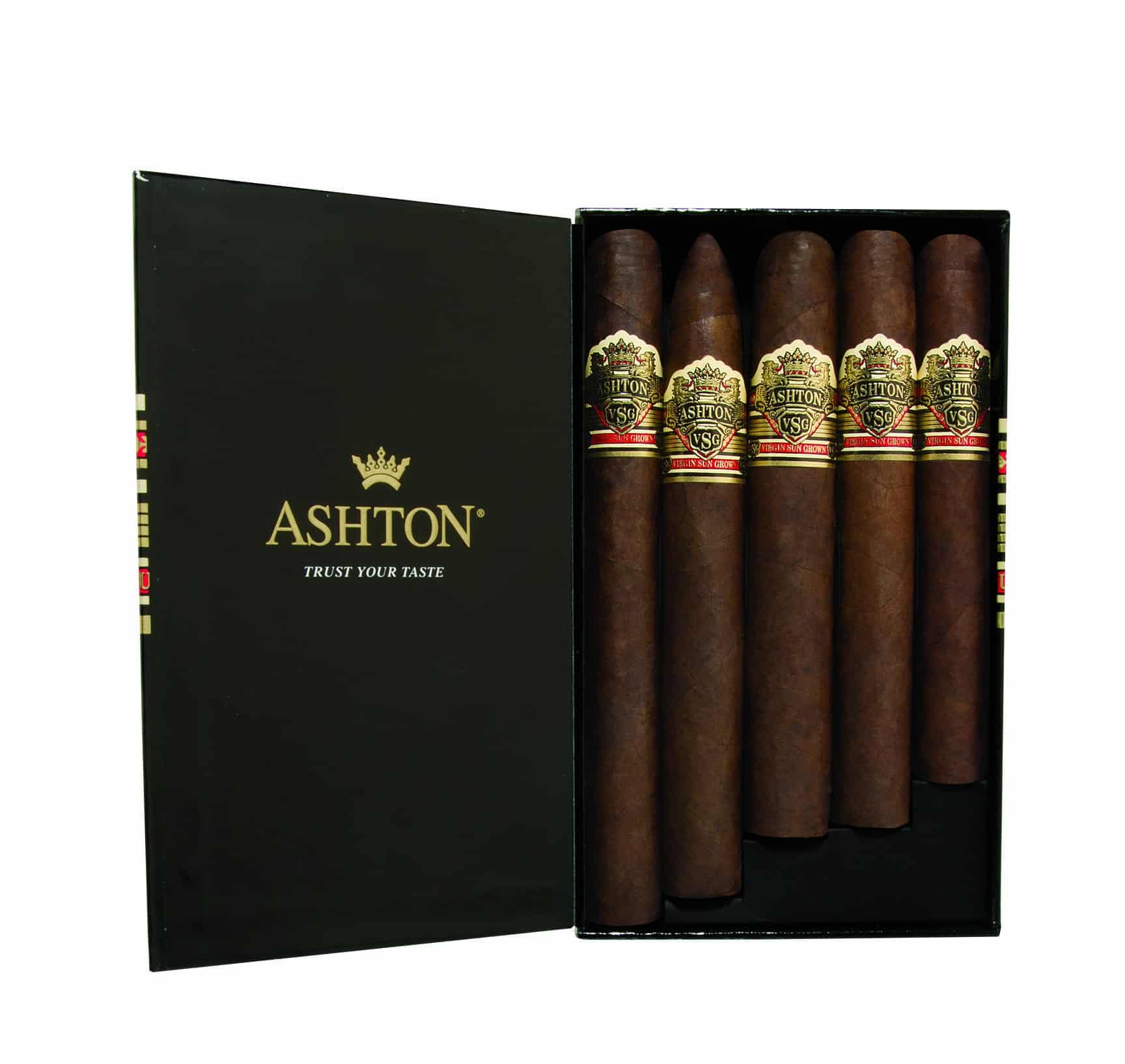 Open box of Ashton VSG 5 count Assortment cigars with sungrown wrappers