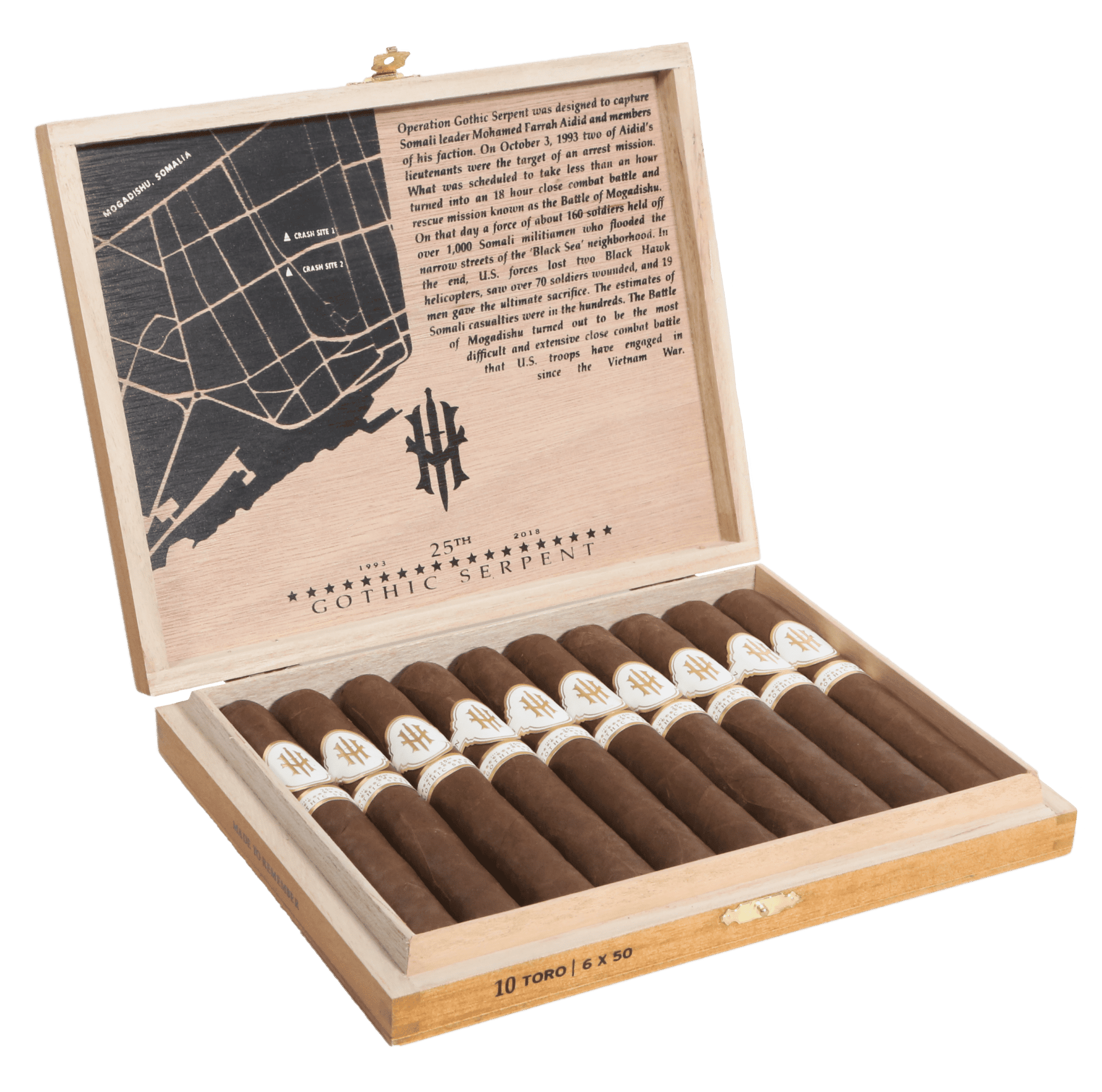 Open box of 10 count Hooten Young Gothic Serpent Toro cigars