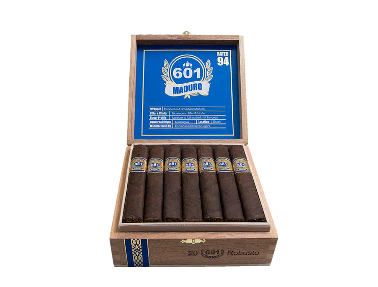 601 blue label maduro robusto open box of cigars