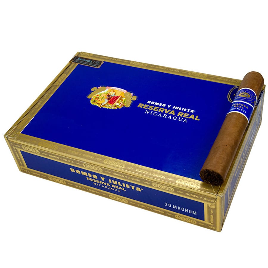 Romeo Y Julieta Reserva Real Nicaragua Magnum Closed box of 20 cigars with one single cigar on the lid
