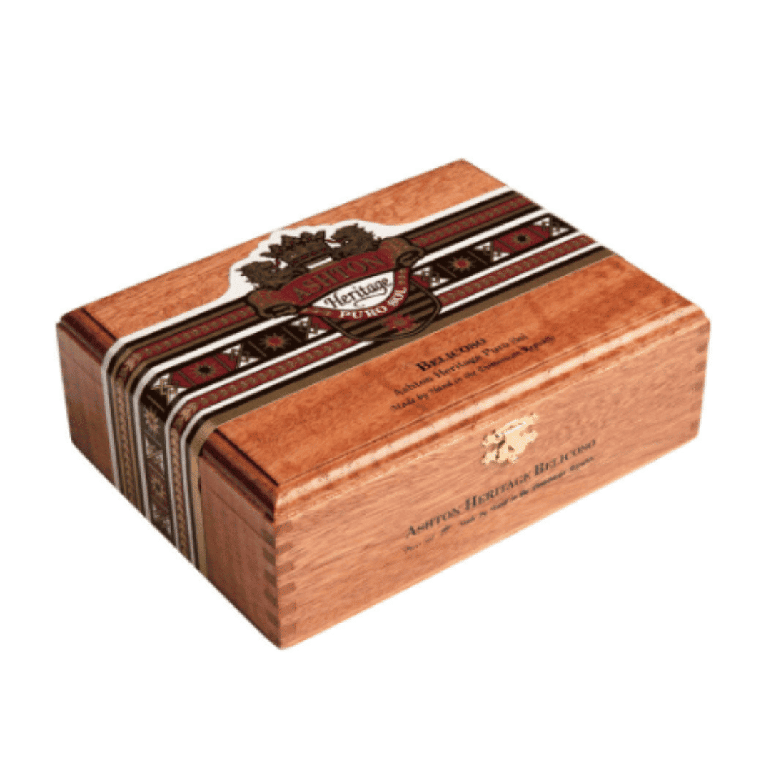 Ashton Heritage Puro Sol Churchill closed box of Ecuadorian Habano wrapper cigars.