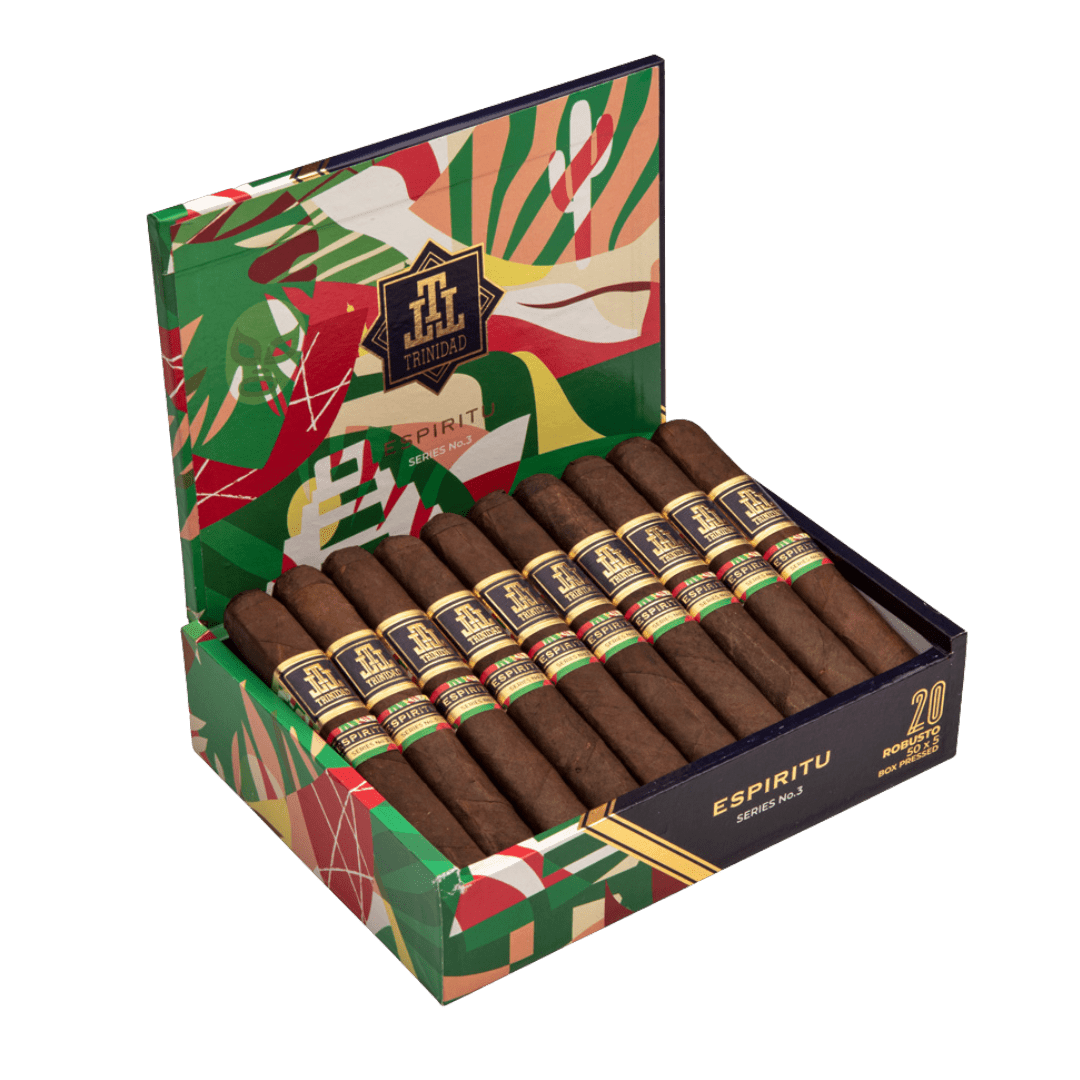 Trinidad Espiritu Series 3 Robusto Open Cigar Box, cigars propped up.