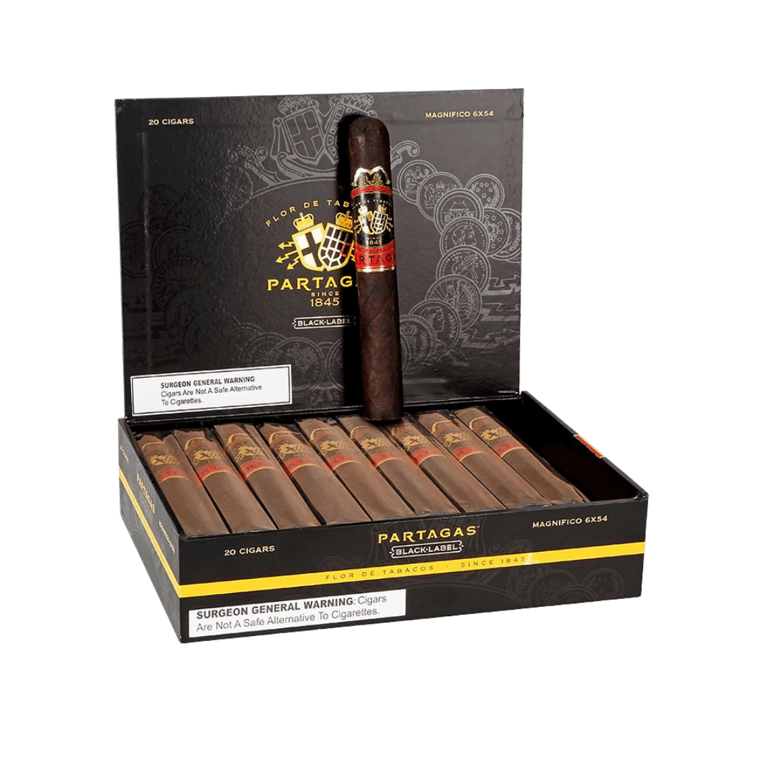 Partagas Black Label Magnifico Cigar Box Open, with one cigar upright and out of cellophane