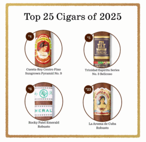 Cigar Aficionado’s Top 25 Cigars of 2025 label featuring cuesta rey centro fino, trinidad espiritu series no. 3, rockey patel emerald robusto, and la aroma de cuba robusto