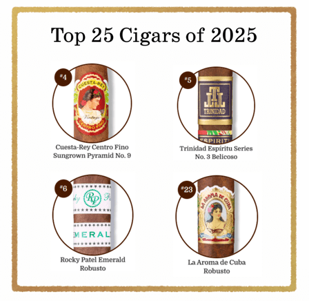 Cigar Aficionado’s Top 25 Cigars of 2025 label featuring cuesta rey centro fino, trinidad espiritu series no. 3, rockey patel emerald robusto, and la aroma de cuba robusto
