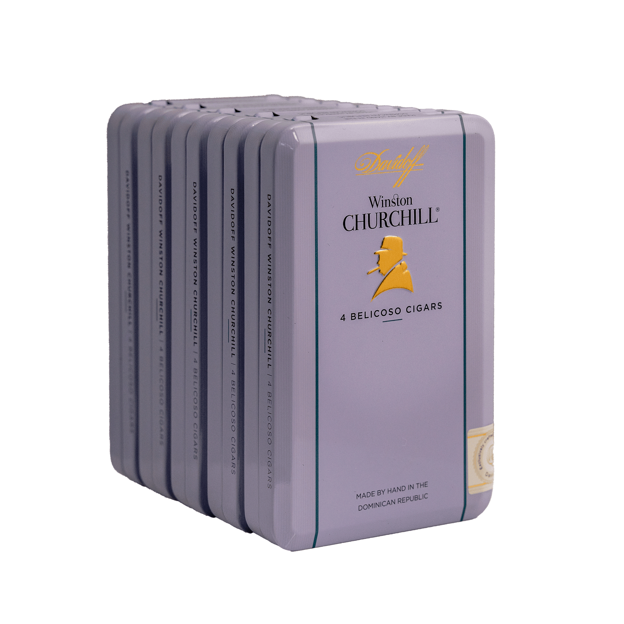 Five purple Davidoff Winston Churchill Belicoso tins closed and lined up