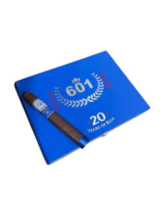 601 Cigars. 20 years of blue closed cigar box with one single unlit cigar on top.