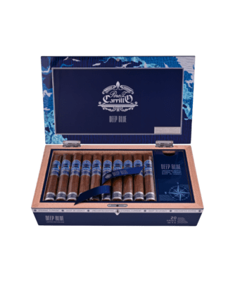 Open Box of EP Carillo Cigars - deep blue limited edition cigar box open. 20 Deep Blue Cigars pictured in open box.