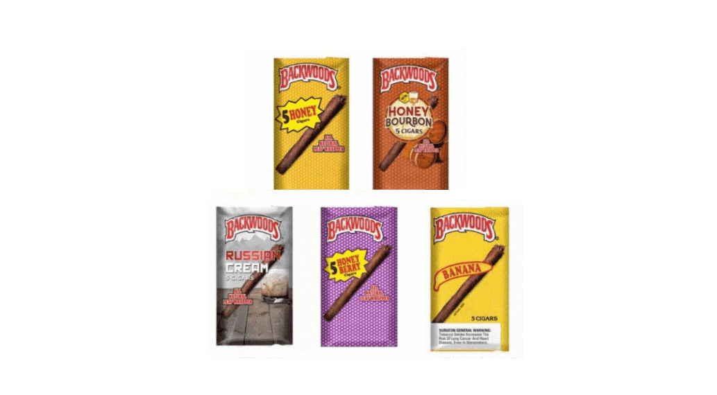 5 packs of different backwoods cigars varieties. packs of 5 cigars. honey bourbon cigars, honey cigars, honey berry cigars, banana cigars and russian cream cigars.