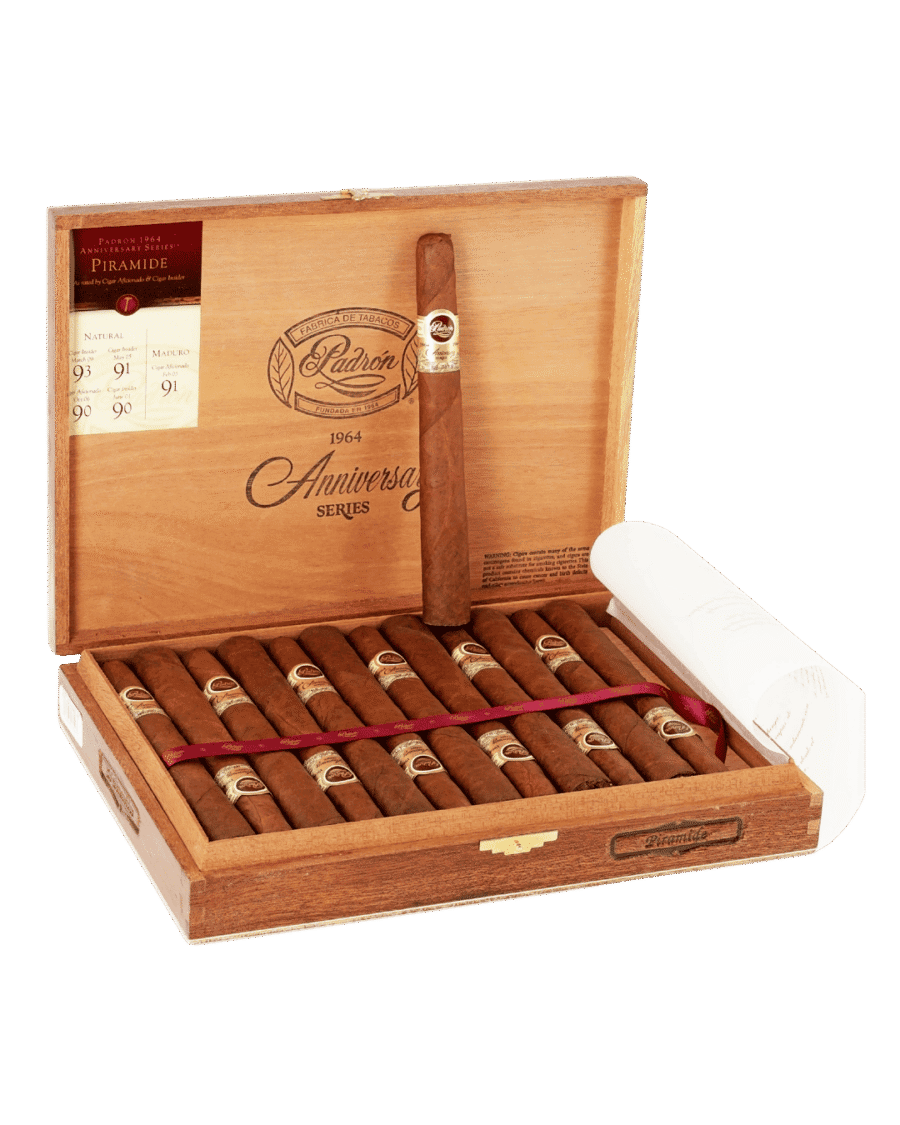 An open box of Padron 1964 Anniversary Series Pyramide cigars